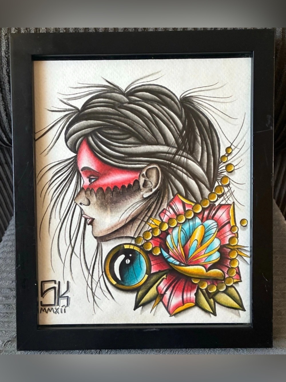 Framed Tattoo Art Abstract Drawing in Black & Red Lady Head Flower Signed